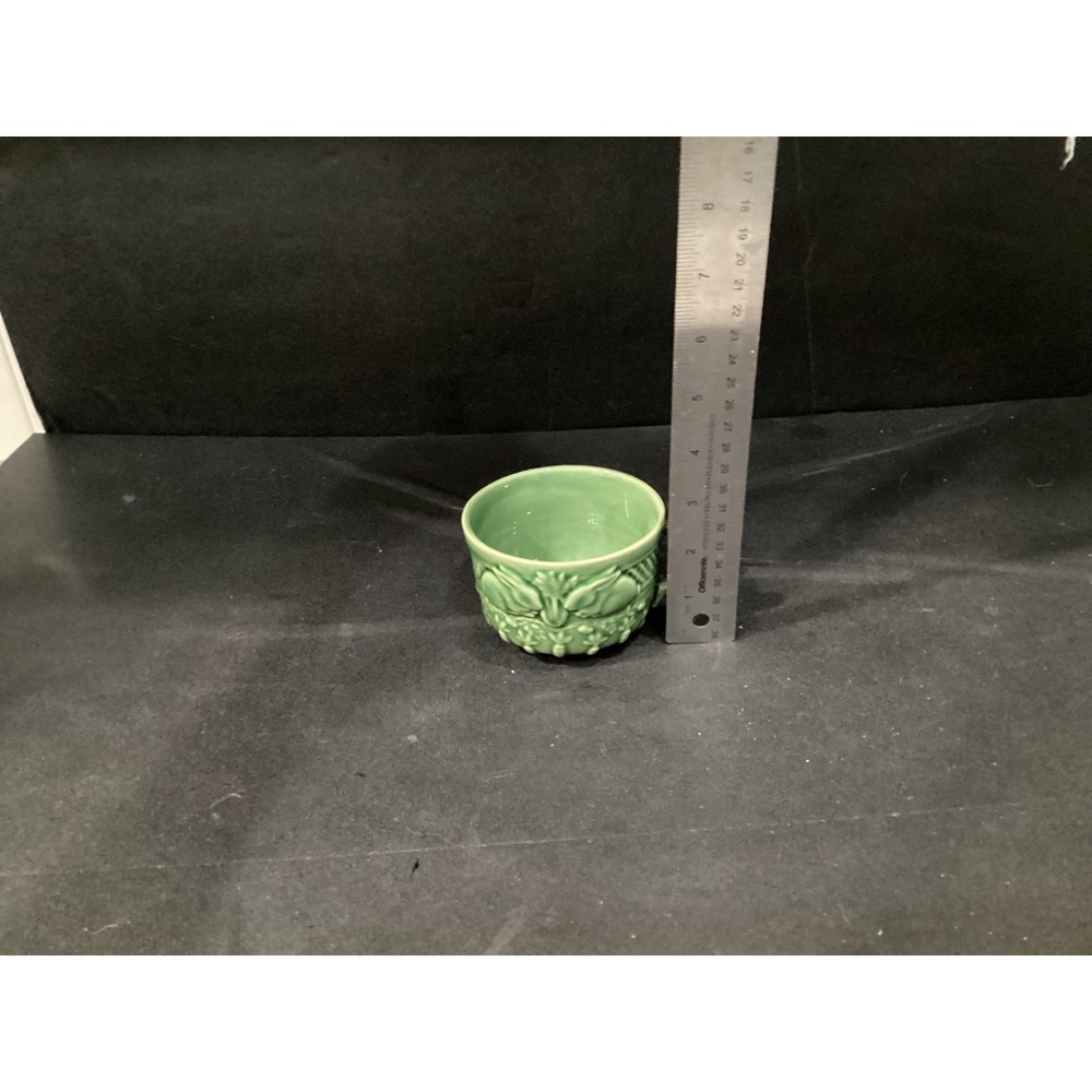 SET of 2 Green Majolica EASTER Cups & Saucers Embossed Rabbits Bordallo Pinheiro